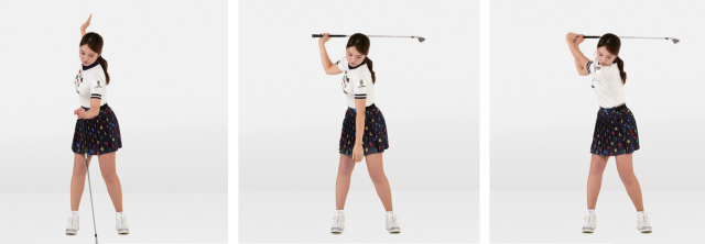 ‘선서’의 요령으로 만들어진 자세에서 그대로 클럽을 오른손에다 올린 뒤 왼손을 마저 잡아주면 이상적인 백스윙 톱이 만들어진다.