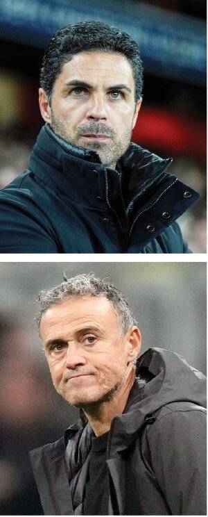 미켈 아르테타 아스널 감독(위)과 루이스 엔리케 파리 생제르맹 감독. 뉴시스