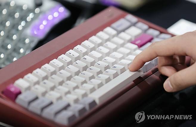 '손맛 좋은 기계식 키보드' (서울=연합뉴스) 이재희 기자 = 지난달 23일 서울 강남구 세텍에서 열린 '제2회 서울 기계식 키보드 박람회'를 찾은 관람객들이 전시된 키보드를 테스트하고 있다. 2025.4.26 scape@yna.co.kr