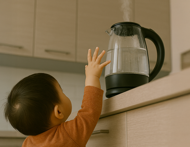 어린아이가 뜨거운 커피포트에 손을 갖다 대려고 하고 있다. 고려대안산병원 제공