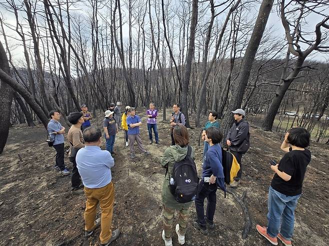 2025년 4월19일 경북 의성군 단촌면 산불 피해 현장. ‘산림피해 회복과 산림관리 전환을 위한 시민모임’이 주최한 제1차 현장 설명회에 시민 19명이 참여했다. 김양진 기자