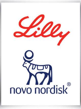 먹는 비만치료제 개발을 놓고 경쟁하는 미국 제약사 일라이릴리(위)와 덴마크 제약사 노보노디스크 로고. 각사 제공