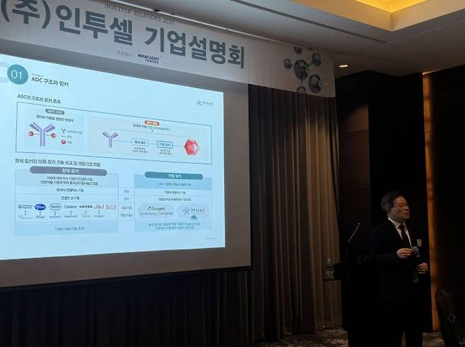 박태교 인투셀 대표이사가 28일 서울 영등포구 콘래드호텔에서 기업설명회를 개최하고 항체약물접합체(ADC)의 구조를 설명하고 있다. 인투셀