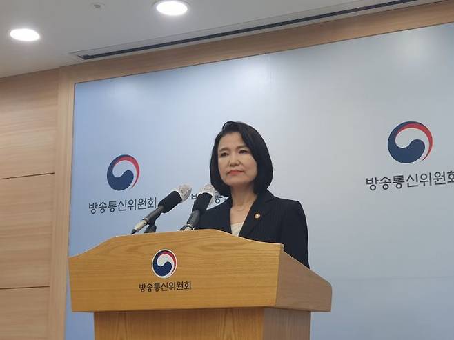 이진숙 방송통신위원회(방통위) 위원장이 지난 3월 18일 방통위 기자실에서 방통위법 재의 요구 관련 언론브리핑을 하고 있다.(자료사진)ⓒ데일리안 조인영 기자