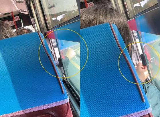 제주의 한 시내버스에서 중국인 관광객으로 추정되는 여성이 담배를 피우고 꽁초까지 밖에 버리는 모습. 서경덕 성신여대 교수 페이스북