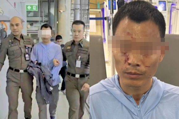 태국 파타야에서 트랜스젠더 여성을 살해하고 시신을 훼손한 혐의로 방콕 수완나품 공항에서 체포된 중국인 남성. 출처=뉴시스, 태국 카오스드 갈무리