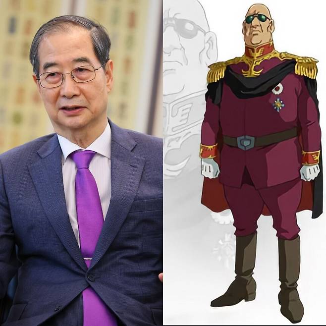 한덕수 대통령 권한대행 국무총리(왼쪽)와 애니메이션 ‘기동전사 건담’에 등장하는 데긴 소도. 국무총리실 제공, 인스타그램 갈무리