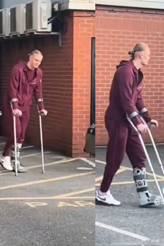 31일 본머스와의 FA컵 8강전 중 부상을 입고 목발을 짚은 채 경기장을 떠난 맨시티 홀란. 사진=더선 갈무리