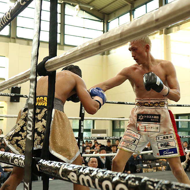 북한 체육 명수 출신 대한민국 권투선수 한양호가 2025년 4월 서울특별시 관악구민종합체육센터 국제복싱연맹 슈퍼플라이급 인터내셔널 타이틀매치 9라운드 필리핀복싱연맹 챔피언 라밀 로다를 다운시키고 있다. 사진=KBM 사단법인 한국복싱커미션