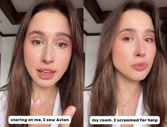 ‘나탈리’라는 이름의 여성 외국인 관광객이 최근 일본 도쿄의 한 호텔에 묵을 당시 침대 아래에서 낯선 남자와 마주한 사건에 관해 설명하고 있다. 인스타그램 캡처