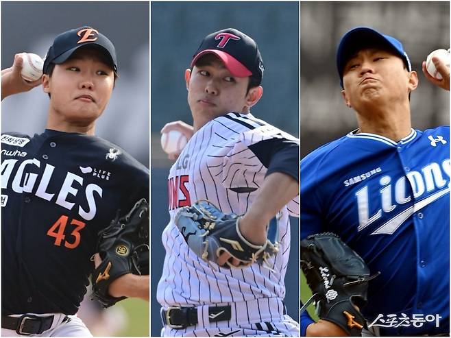 강속구 신인 트리오 한화 정우주, LG 김영우, 삼성 배찬승(왼쪽부터)이 데뷔 첫해부터 두각을 나타내고 있다. 데뷔 시즌 필승조로 거듭난 셋이 신인왕 경쟁까지 펼칠지 궁금하다. 스포츠동아DB
