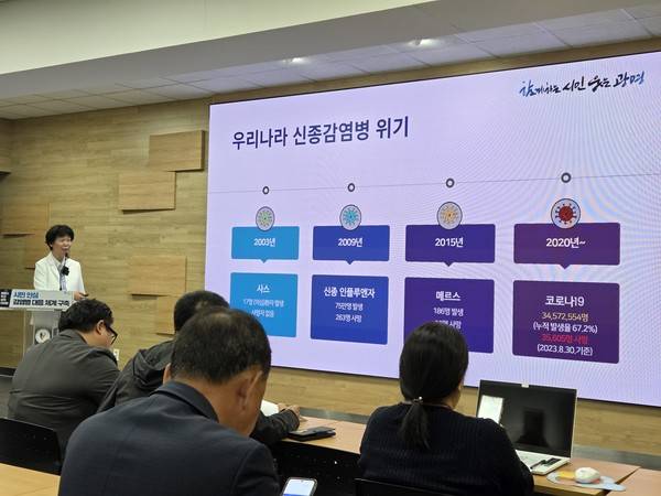 29일 열린 광명시 정책브리핑에서 이현숙 보건소장이 '광명시 감염병 대응체계' 구축 상황에 대해 설명하고 있다. [사진=김지호 기자]