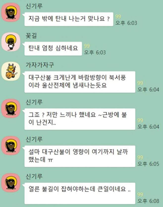 지난 28일 울산 시민들이 참여하고 있는 한 카카오톡 단체 채팅방에서 타는 냄새가 난다는 대화가 이어지고 있다.