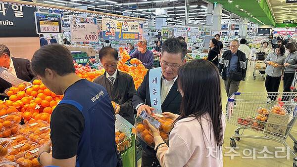 농협중앙회 제주지역본부와 제주농협조합공동사업법인이 29일 농협하나로마트 서울 양재점에서 소비 진작 판촉행사 실시하고 있다. [사진제공-제주농협]