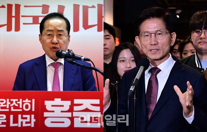 왼쪽부터 홍준표 전 대구시장, 김문수 전 고용노동부 장관. (사진 = 이데일리)