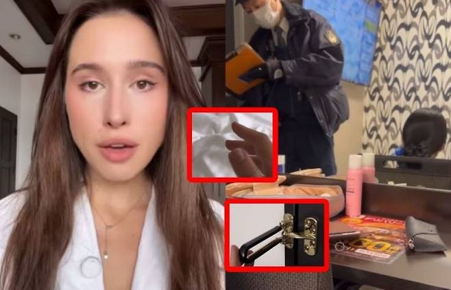 일본의 호텔 침대 밑에서 낯선 남성을 발견했다고 신고한 우크라이나 여성 나탈리. 오른쪽은 사건 발생 후 경찰이 호텔 방을 조사하는 모습. 나탈리 인스타그램