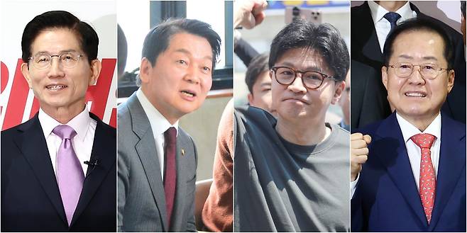 국민의힘 대선 경선 2차 컷오프(4명에서 2명으로 압축)를 하루 앞둔 28일, 후보들은 저마다 “내가 필승 후보”라며 지지를 호소했다. 왼쪽부터 김문수·안철수·한동훈·홍준표 후보./뉴스1, 뉴시스