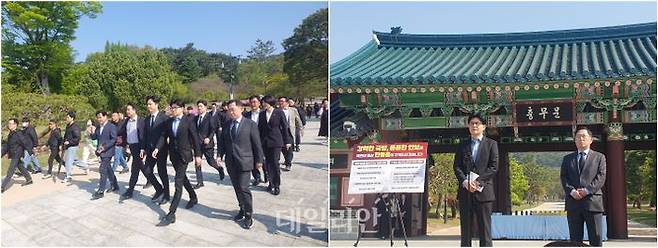 한동훈 국민의힘 대선 경선 후보가 28일 오전 충남 아산시에 위치한 현충사에서 충무공 이순신 참배를 마치고 걸어나오는 모습(왼쪽)과 참배 직후 충무문 앞에서국방 보훈 정책을 발표하고 있는 모습(오른쪽) ⓒ데일리안 김민석 기자