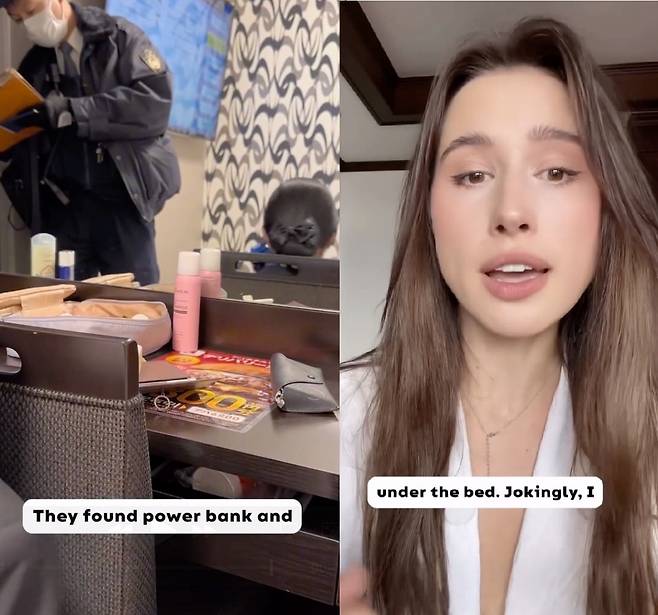 일본을 혼자 여행하다 호텔 침대 밑에서 낯선 남성을 발견한 우크라이나 여성(오른쪽)과 경찰이 사건 현장을 조사하는 모습. [뉴시스]