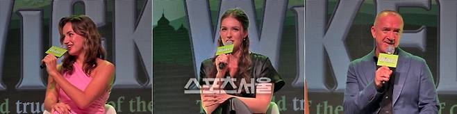 30일 뮤지컬 ‘위키드’ 내한공연 프레스콜에서 (왼쪽부터) ‘글린다’ 역 코트니 몬스마와 ‘엘파바’ 역 셰리든 아담스, 데이비드 영 수퍼바이저가 한국 방문 소감을 전하고 있다. 사진 | 표권향 기자 gioia@sportsseoul.com