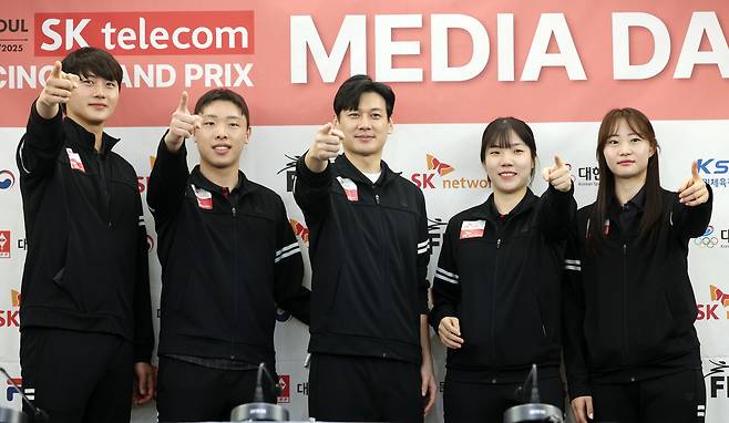 미디어데이 행사에 참석한 오상욱(왼쪽부터), 박상원, 구본길, 전하영, 최세빈. / 뉴시스