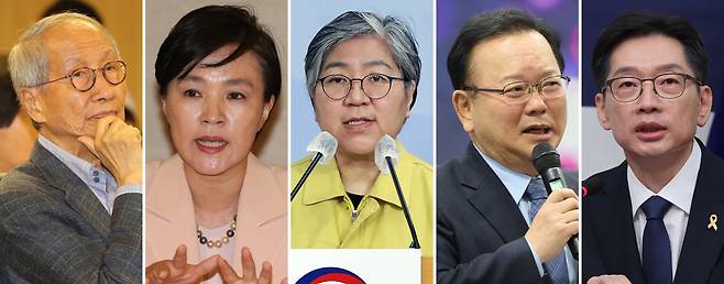 30일 출범하는 더불어민주당 '진짜 대한민국 선대위'에서 총괄선대위원장을 맡는 윤여준(왼쪽부터) 전 환경부 장관, 강금실 전 법무부 장관, 정은경 전 질병관리청장, 김부겸 전 총리, 김경수 전 경남지사. /연합뉴스