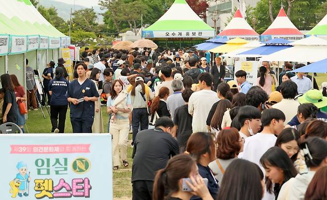 전북 임실군이 지난해 개최한 ‘임실N펫스타’를 찾은 관람객들이 체험 부스 등을 둘러보고 있다. 임실군은 3~5일 오수 의견공원과 의견 관광지 일원에서 반려동물 패션쇼와 토크쇼, 산업 박람회, 각종 반려동물 체험행사 등을 선보이는 ‘임실N펫스타’를 개최한다. 임실군 제공