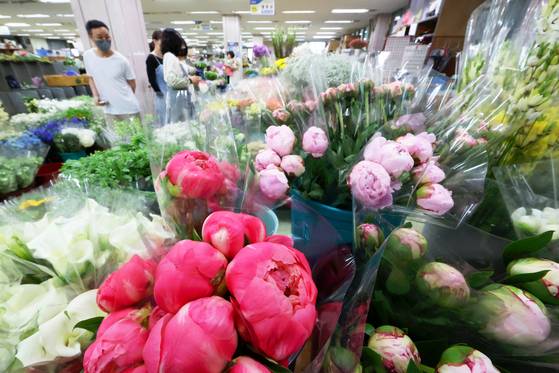어버이날 선물 예산이 지난해보다 8만원 줄었다는 조사 결과가 나왔다. 사진은 광주광역시의 꽃시장 모습.. 연합뉴스