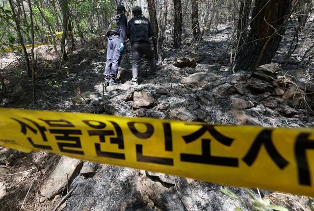 대구 북구 함지산 산불 최초발화지 현장 합동감식 모습. 연합뉴스