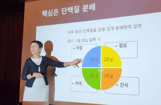 30일 미국유제품협회가 서울 강남구 파르나스호텔에서 주최한 유청단백질 세미나에서 레슬리 본시(Leslie Bonci) 미국 공인영양사가 단백질을 하루에 나눠서 먹는 방법의 예시를 들고 있다. /사진=정심교 기자