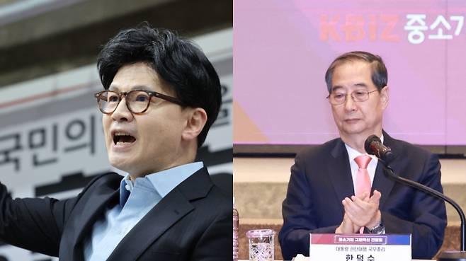 한덕수 대통령 권한대행의 핵심 참모였던 홍종기 국무총리비서실 민정실장이 한동훈 국민의힘 대선 경선 후보 캠프에 합류한 것이 확인돼 다양한 해석이 나온다. 왼쪽은 한동훈 국민의힘 대선 경선후보이고 오른쪽은 한덕수 대통령 권한대행. /사진=뉴시스