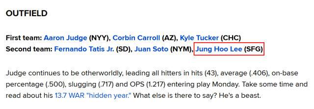 이정후가 MLB닷컴이 예상한 'All-MLB Team' 명단에 포함됐다. /MLB닷컴 캡처