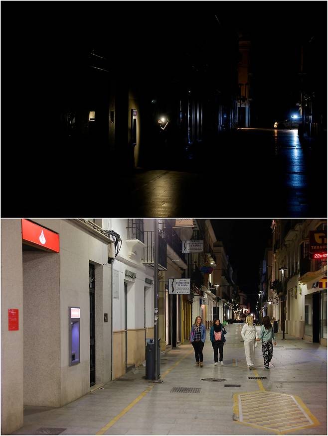 지난 28일 발생한 스페인 정전사고 당시 칠흑같은 암흑에 휩싸인 안달루시아 지방 론다의 거리(위). 아래는 전기가 복구된 후 모습. [로이터]