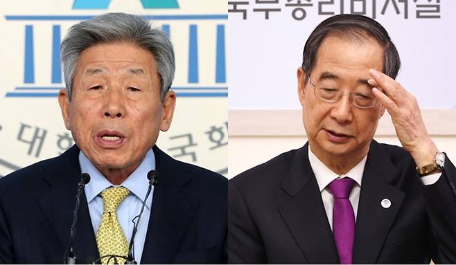 유인태 국회 전 사무총장(왼쪽)은 30일 대선 출마가 임박한 한덕수 대통령 권한대행 국무총리에 대해 “이해가 안 간다. 떠밀려 나오는 것 같다”고 밝혔다. [연합]