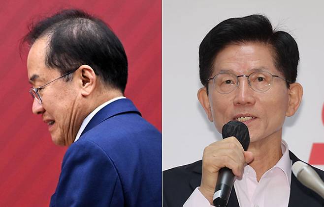 홍준표 전 국민의힘 대선 경선 예비후보(왼쪽)과 김문수 국민의힘 대선 경선 예비후보. 연합뉴스