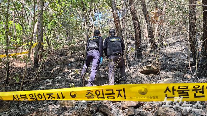 30일 관계당국이 대구 북구 노곡동 함지산 산불 원인을 밝히기 위해 현장 감식을 진행하고 있다. 곽재화 기자