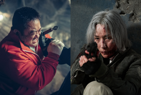 악마를 쫓는 오컬트물에 마동석 표 액션을 입힌 영화 ‘거룩한 밤: 데몬 헌터스’의 한 장면(왼쪽 사진). 오른쪽은 연기파 배우 이혜영이 60대 킬러로 변신한 ‘파과’의 한 장면. 롯데엔터테인먼트·NEW 제공