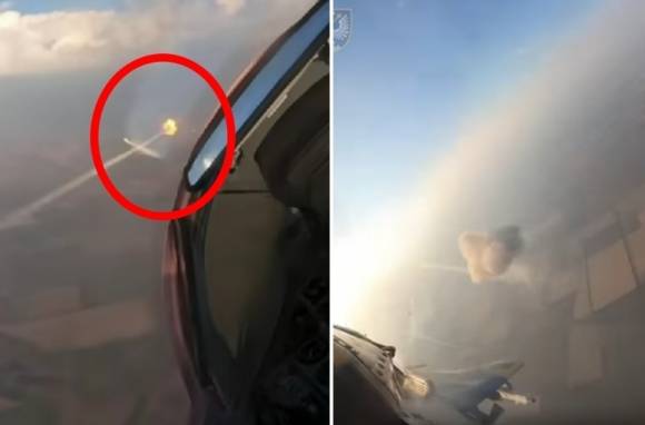 미그(Mig)-29 전투기에 탄 우크라이나군 조종사가 러시아군이 보낸 공격용 드론을 공중에서 격추하는 순간. 우크라이나 공군 사령부 페이스북 캡처