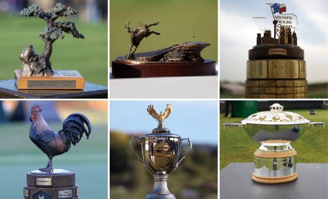 파머스 인슈어런스 오픈(왼쪽 위부터 시계 방향으로), 존디어 클래식, 발레로 텍사스 오픈, 제네시스 스코티시 오픈, JM이글 LA 챔피언십, 샌더슨팜스 챔피언십 트로피. Getty Images