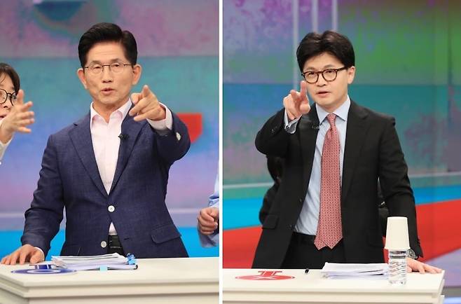 김문수(왼쪽), 한동훈 국민의힘 대선 경선 후보가 마지막 결승 토론회에서 격돌했다. 3일 국민의힘은 최종 후보를 확정한다. /뉴스1