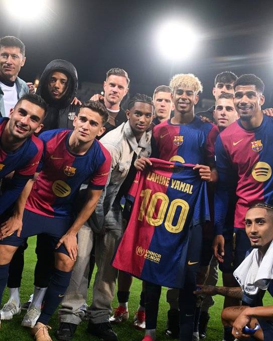 바르셀로나 100번째 경기 출전을 기념한 라민 야말/ UEFA 챔피언스리그 공식 X