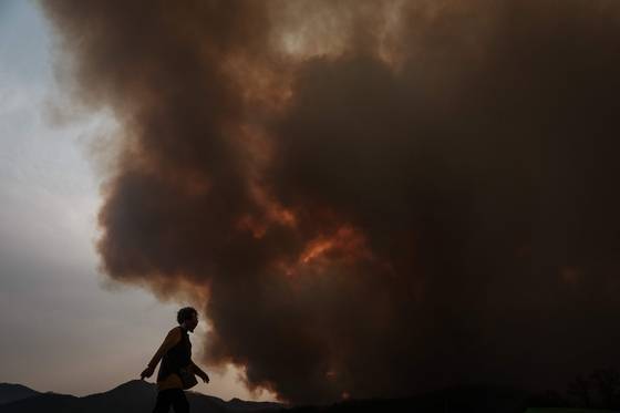 3월 24일 경북 의성군에서 발생한 산불로 연기가 뿜어져 나오는 가운데 한 시민이 주변을 지나고 있다. AFP=연합뉴스