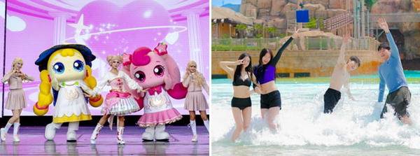 롯데월드 어드벤처 부산과 롯데워터파크가 ‘가정의 달’ 5월을 맞아 다양한 콘텐츠와 행사를 전개한다. 사진은 ‘싱잉 위드 티니핑’ 특별공연을 하는 모습(왼쪽)과 롯데워터파크 자이언트 웨이브.   롯데월드 부산 제공