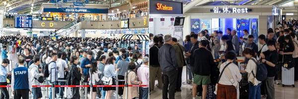 엿새간 이어지는 황금연휴 첫날인 1일 김해공항 국제선청사가 해외 여행을 떠나려는 사람들로 북적이는 가운데(왼쪽 사진) 청사 내 SK텔레콤 로밍센터에는 유심 교체를 하려는 출국자들로 긴 대기줄이 늘어서 있다.   이원준 기자 windstorm@kookje.co.kr