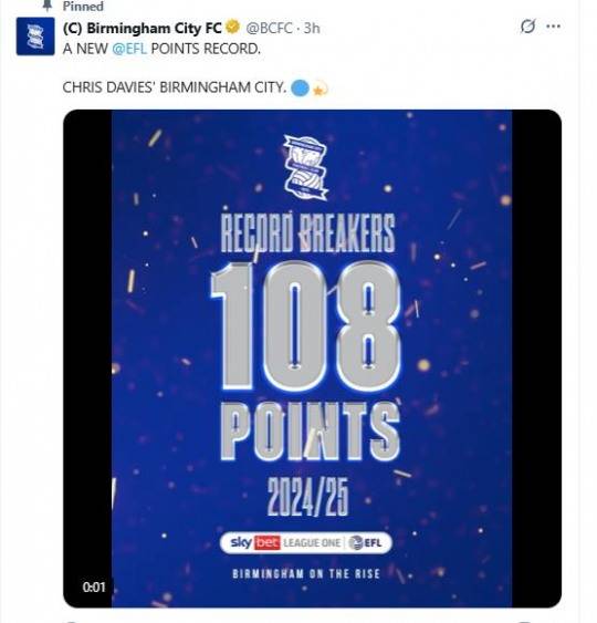 잉글랜드 프로축구 한 시즌 최다 승점 신기록 수립 소식을 전한 버밍엄. 사진[연합뉴스]