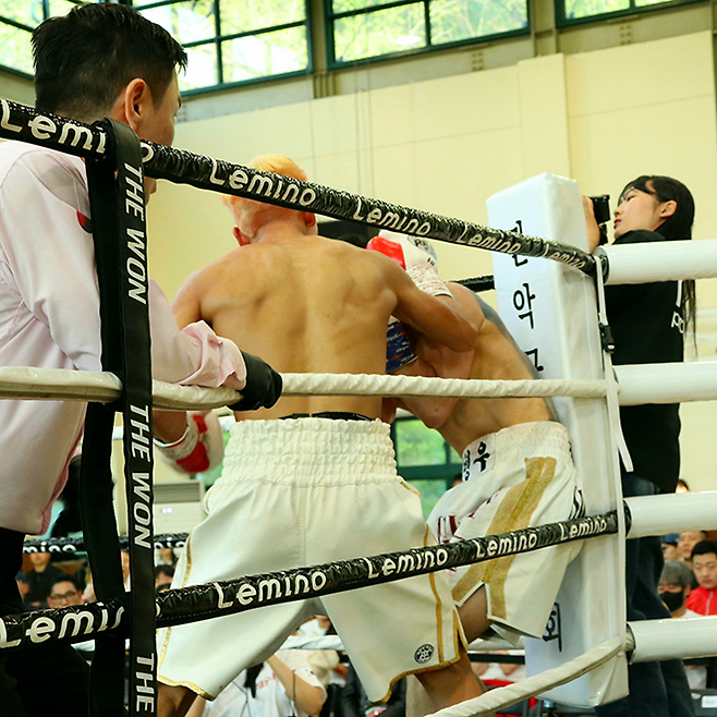 챔피언 심하녹이 2025년 4월 서울특별시 관악구민종합체육센터 KBM 페더급 타이틀 1차 방어전 도전자 정태원을 링 구석에 몰아놓고 파상공세를 펼쳐 2라운드 TKO승을 거두기 직전 모습. 사진=한국복싱커미션