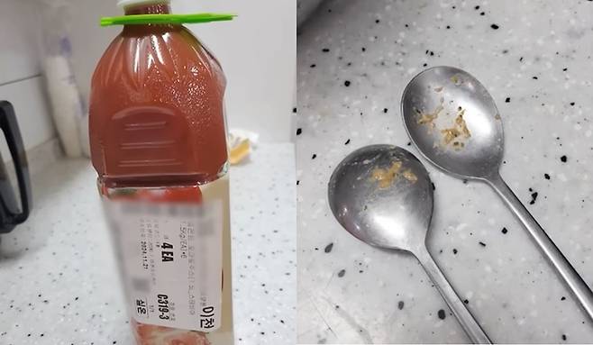 윤석열 전 대통령의 처가가 운영하는 경기 남양주의 한 요양원에서 노인학대 정황이 있다며 공익신고가 접수돼 당국이 조사에 나섰다. 이 요양원에서 제공되는 음식이 부실하고 비위생적이라는 내용이다. 사진은 입소자 16명이 상주하는 한 층에 간식으로 제공된 주스 한 병과 음식물이 묻은 채 제공된 숟가락. [MBC 보도화면 캡처]