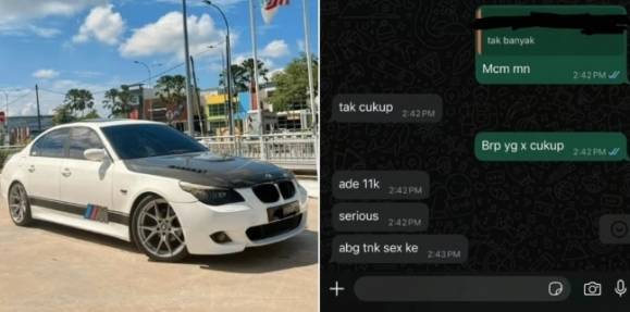 말레이시아의 중고차 딜러가 올린 BMW 차량(왼쪽), 이 차량을 사겠다고 제안한 여성 고객과의 대화 내용(오른쪽). 페이스북 캡처