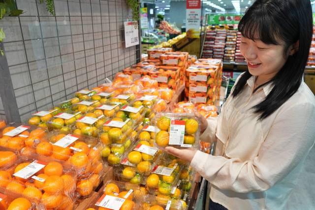 롯데마트 제타플렉스 잠실점 과일 코너에서 김다현 MD가 하우스 감귤을 홍보하고 있다. 사진 제공=롯데마트