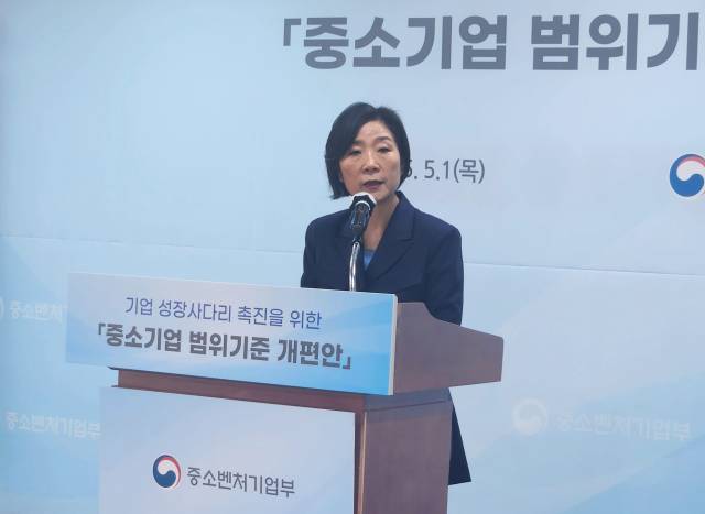 오영주 중소벤처기업부 장관이 지난달 30일 서울 영등포구 중소기업중앙회에서 '중소기업 범위 기준 개편 사전 브리핑'을 하고 있다.연합뉴스